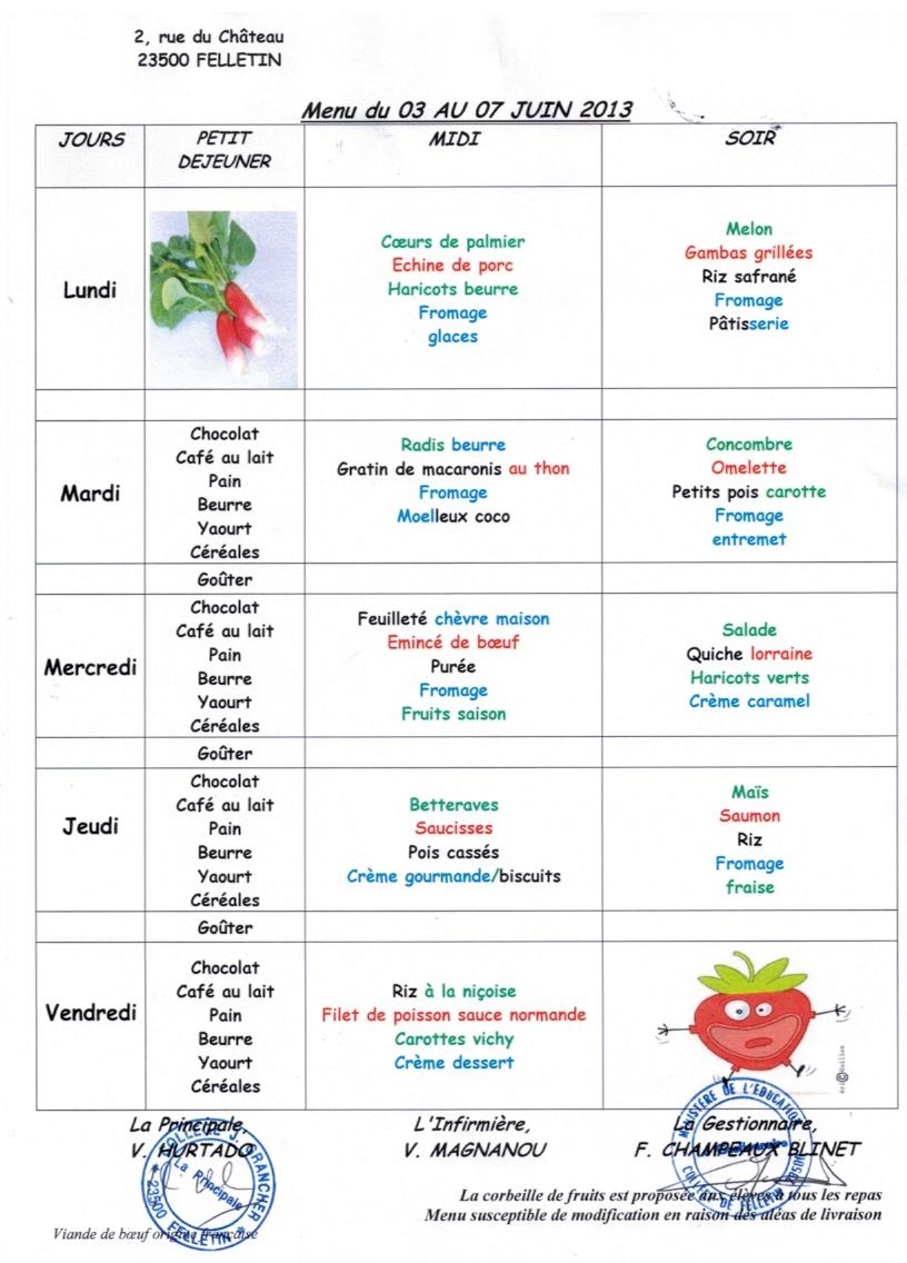 Menus Des coles Pour La Semaine Du 3 Au 7 Juin Felletin fr